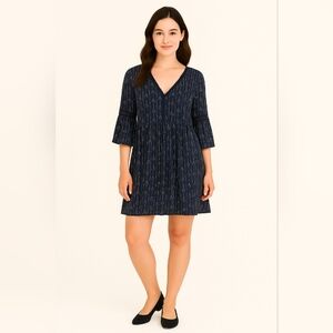 Hagel Navy Blue Boho Midi Dress – V-Neck, 3/4 Bell Sleeves, Lightweight Flowy